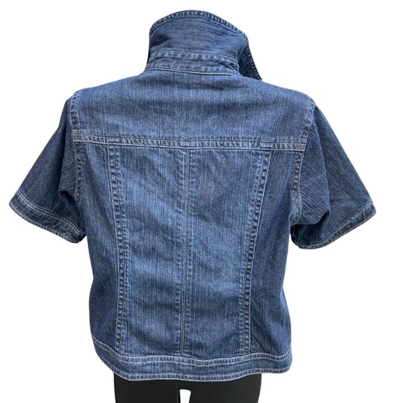 Chico's Denim Jeans Jacket Beading Dark Wash Button Front Short Sleeve Blue 2 - Picture 2 of 11